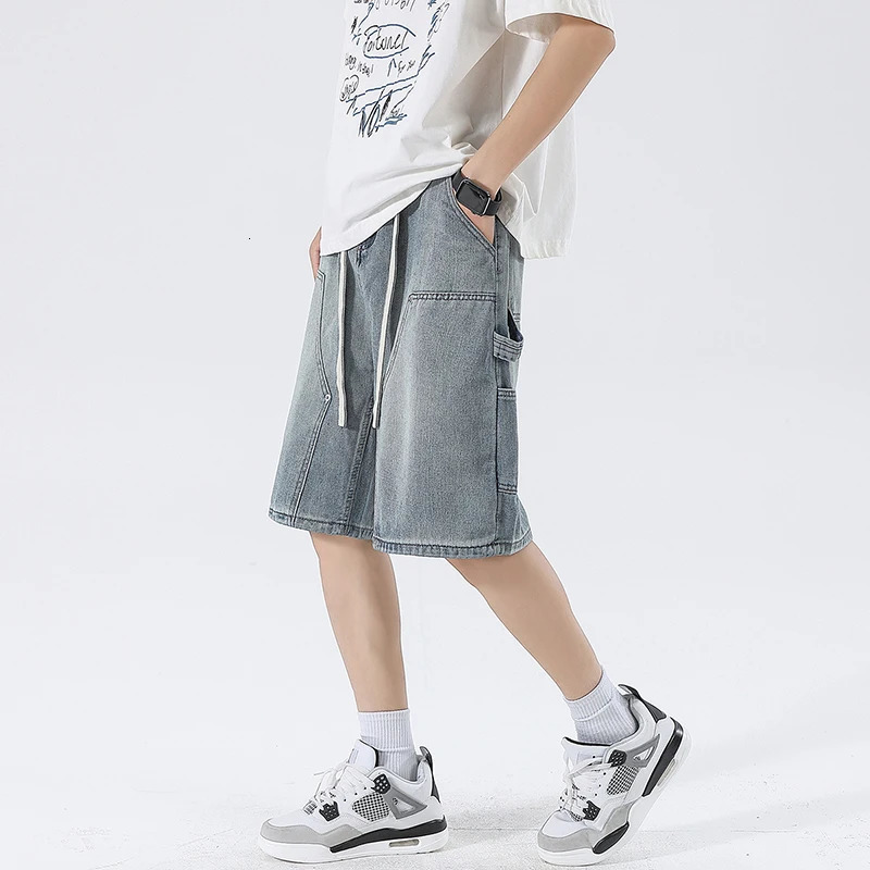 Streetwear Straight Summer Men Cargo Denim Shorts Korean Vintage Loose Casual Short Jeans Washed Elastic Waist Mens 250226