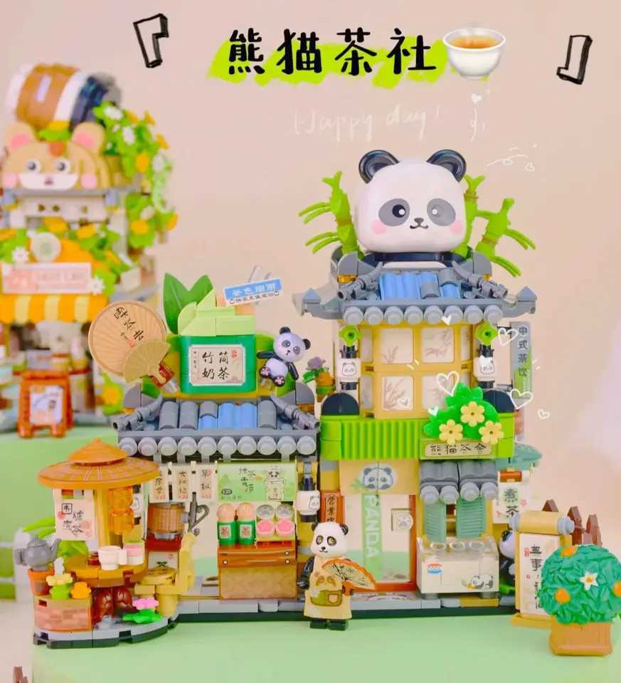 Mini Building Block MOC Creative Cute Panda Tea House Little Bear Coffee House Building Block Set Girl Street View Toy Y250227
