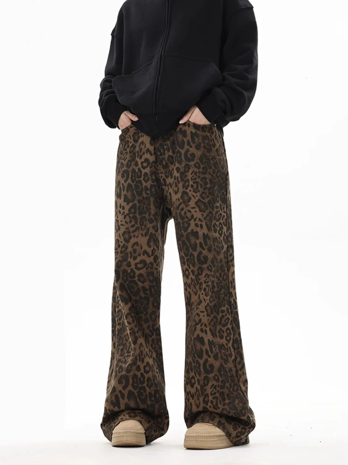 American Retro Leopard High Waist Baggy Jeans Womens Casual Pocket Hip hop Pants Spring Y2K Oversiz Panther Denim Trouser 250226
