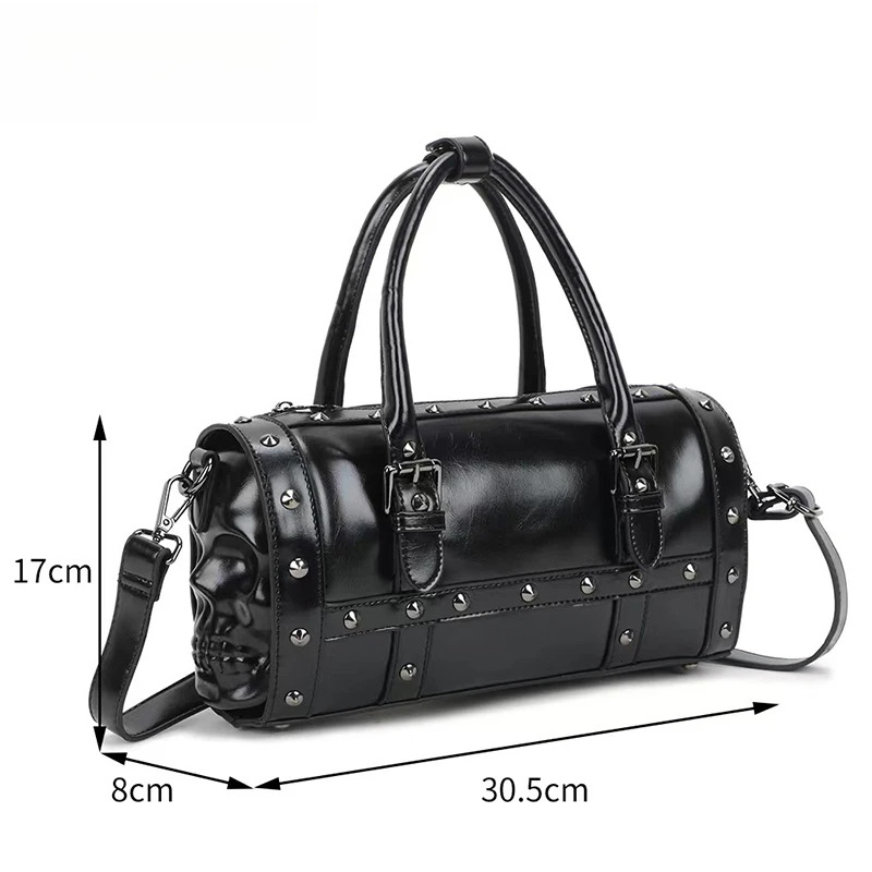 Studded Double Black Skull Satchel Handbag Womens Shoulder Bags Personality Rivet Single Strap Travel Bag Gothic Style