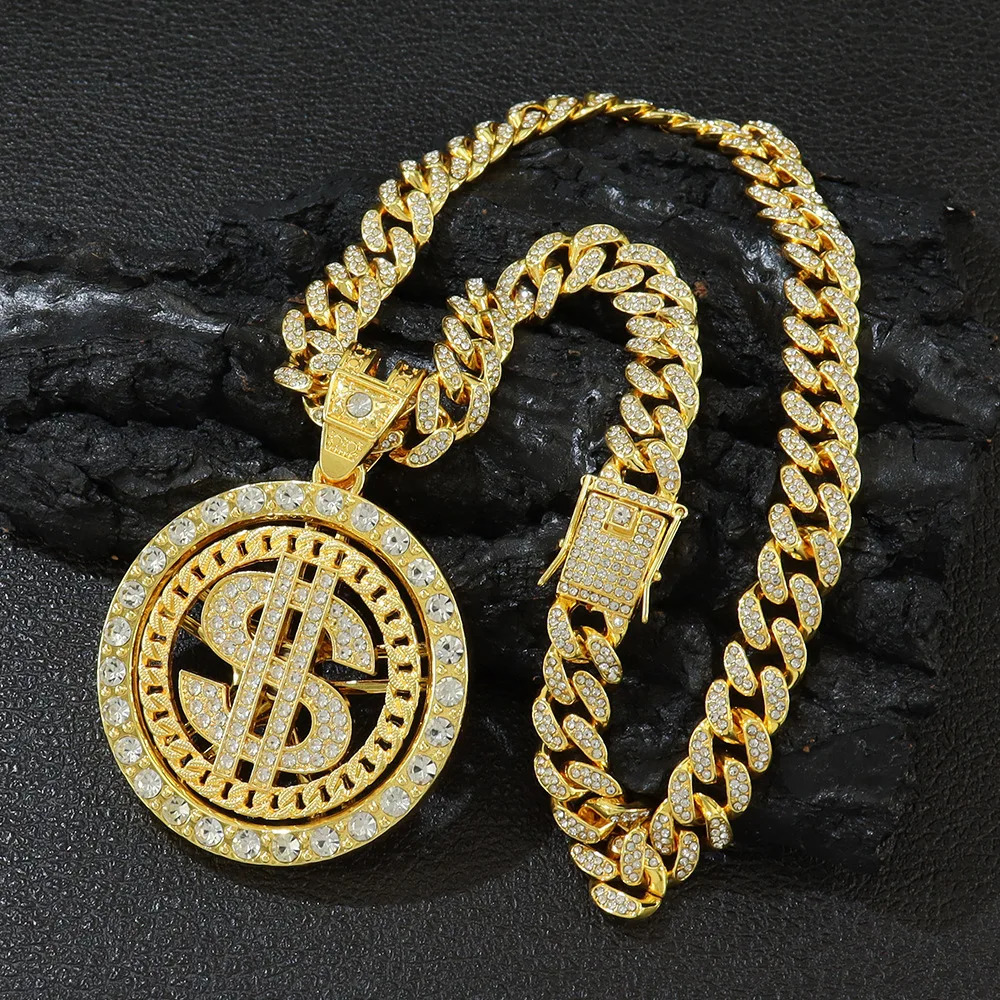 Men Hip Hop Big Rotatable US Dollar Money Sign Pendant Necklace 13mm Iced out Cuban Chain Choker Necklace Rap Rock Charm Jewelry 250227