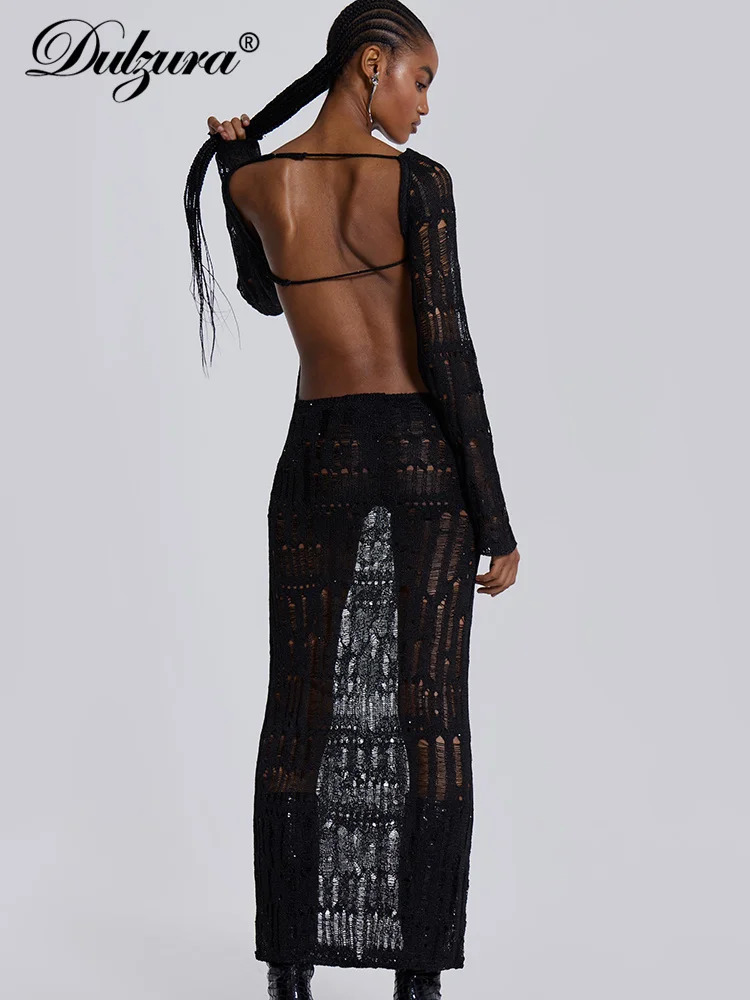 Dulzura Knitted Crochet Women Dresses Cut Out Backless Long Sleeve Hollow Maxi Dress Sexy Party Club Nightout Events Y2K Clothes 250226