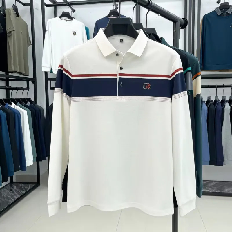 striped long sleeved fashionable embroidered mens polo shirt 2025 autumn silk cotton breathable casual T-shirt 250224