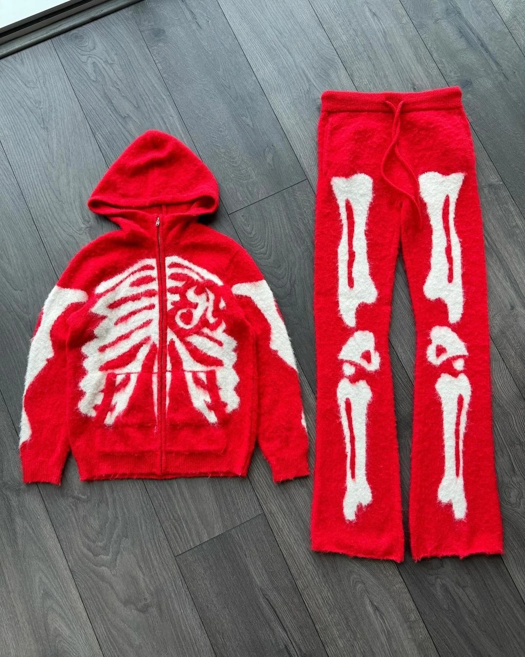 Wintertime Y2k Fashion High Street Punk Harajuku Zip Up Hoodie Skull Oversized Sweatshirt Top Casual Retro Trousers Streetwear 250225