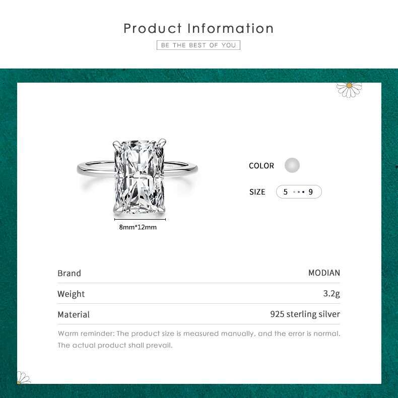 Modian Classic Rectangular Cutting Clear CZ Ring Solid Sterg Sier Finger Rings For Women Wedding Fine Jewelry