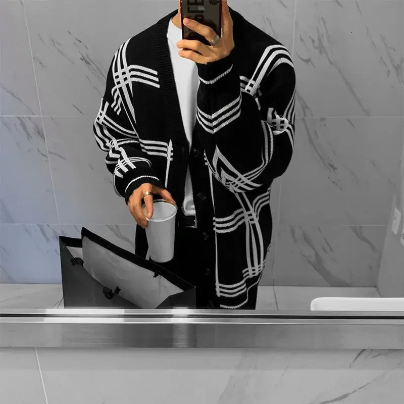 Vneck Knitted Open Collar Mens Fashion Loose Lazy Style Minimalist Checkered Sweater Casual High End Jacket Top 250226