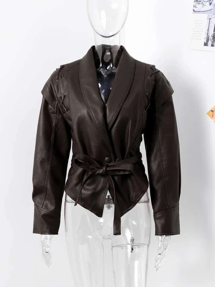 Vintage Street Pu Faux Leather Jacket For Women With Belt V Neck Button Long Sleeve Motorcycle Coat 2024 Autumn Ladies Outerwear
