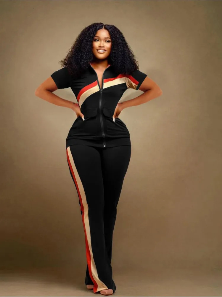 Womens Sports Leisure Set Spring Summer V-neck Zipper Short Sleeve Top Stripe Print Pant Fashion Pocket Womens Two Piece Set 250226