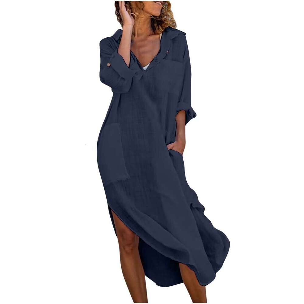 Popular Solid Color Button Split Loose Breathable Shirt Cotton Hemp Long ed Skirt for Women 2025 New Casual Versatile Fashion Clothing