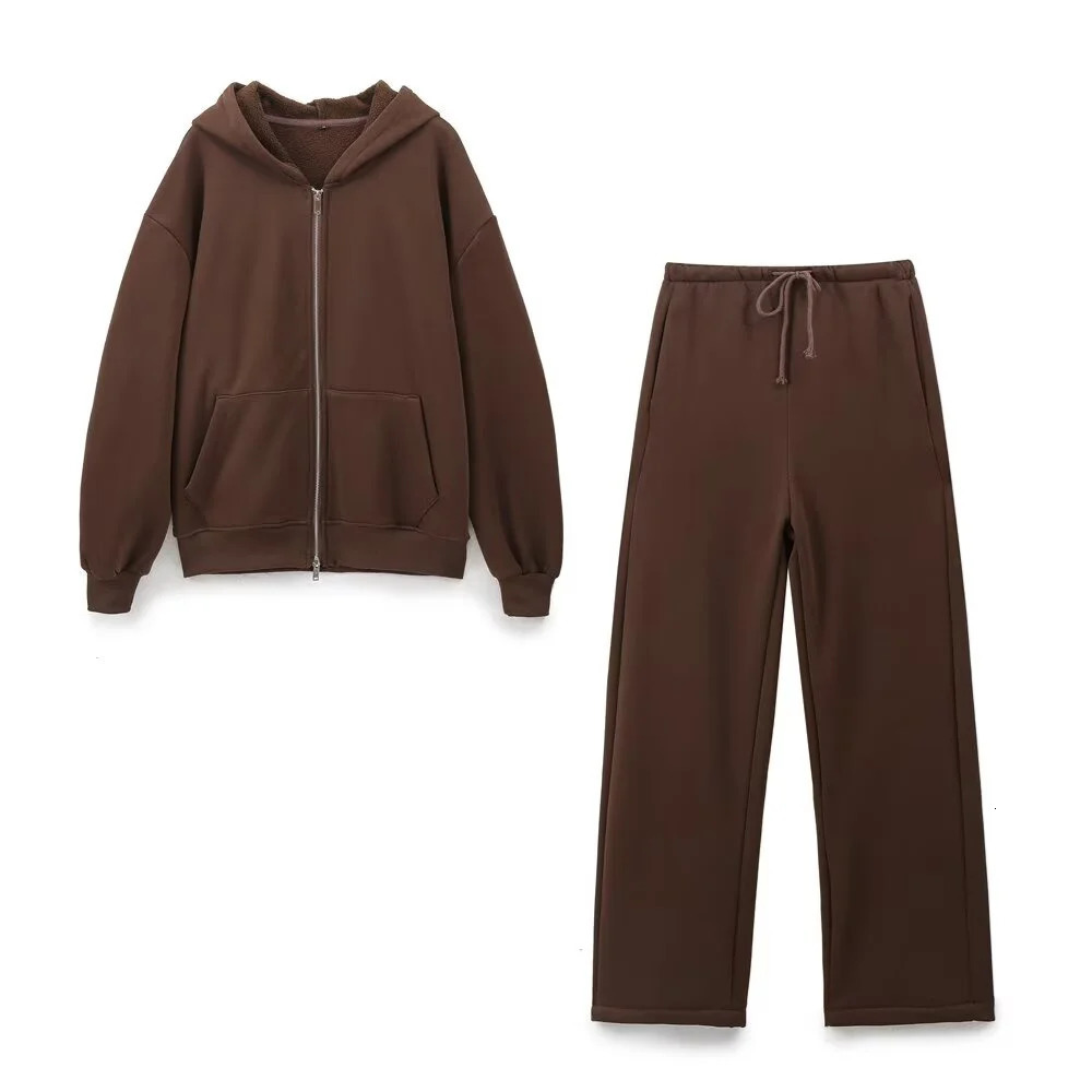 Taop Za autumn womens fashionable casual zipper decoration hooded long sleeved sportswear jacket wide leg pants set 250226