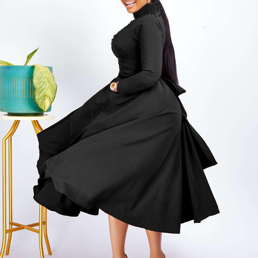 D454 Women's Fashionable High Collar Elegant Nail Bead Grand Swing with Waist Folding African Dress 2025 New Casual Versatile Fashion Clothing