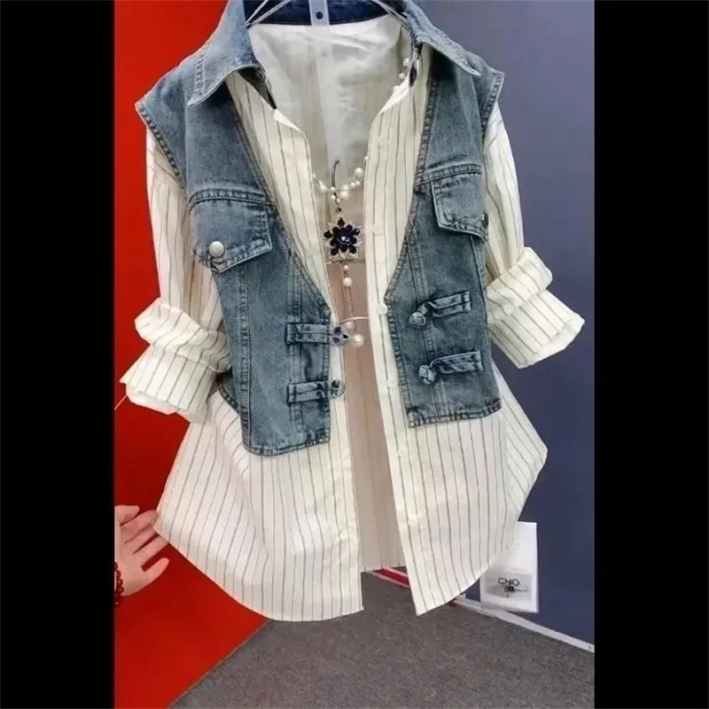 Two Denim Shirts Women Spring and Summer 2025 Single-breasted Long-sleeved Casual Western Style Joker Stitching Striped Top 250226