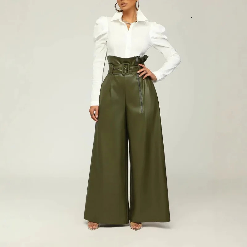 Womens Pants Wholesale Items High Waist Pu Leather Black Wide Leg for Women Casual Fashion Loose Streetwear Trouser Femme 250227
