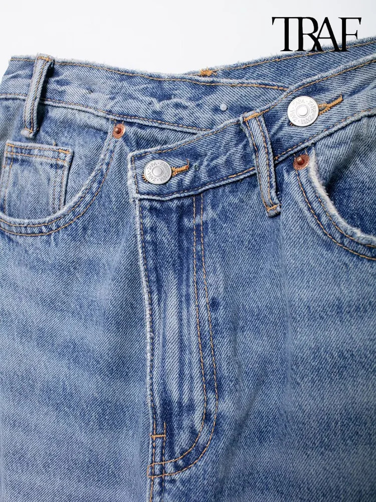 TRAF Womens Basic Hundred Jeans Fashion Asymmetric n High Waist Wide Leg Trousers Casual Straight 250226