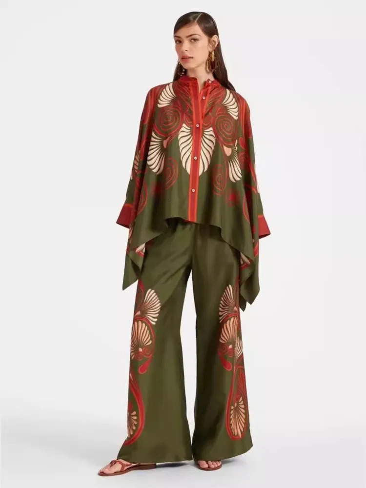Vintage Print Pants Sets Women Irregular Loose Long Sleeve Shirt Wide Leg Trousers Two Piece Set Female Fashion Trend Streetwear 250226