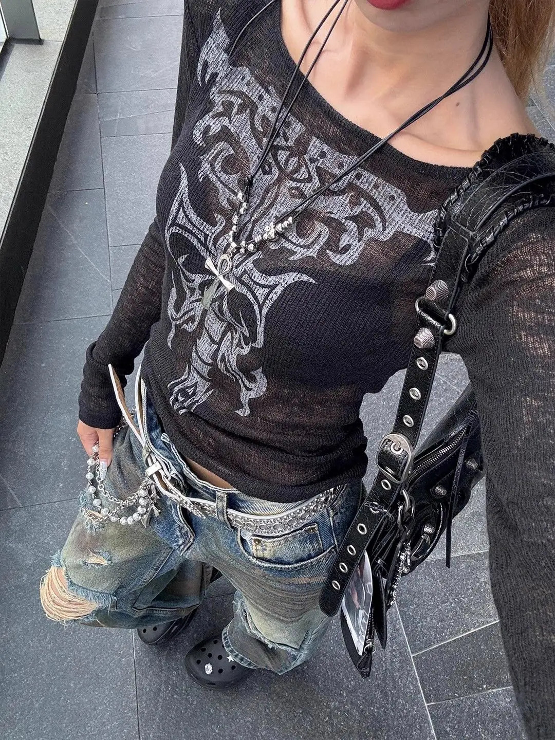 American Gothic Dark Y2K Print Long Sleeve Tshirt Women Retro Street Girl Slim Allmatch Harajuku Millennium Casual Top 250226