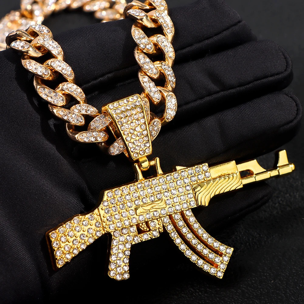 Hip Hop Men Women AK47 Submachine Gun Pendant Necklace Gold Silver Colour Iced Out Crystal Cuban Link Chain Necklaces Jewelry 250227