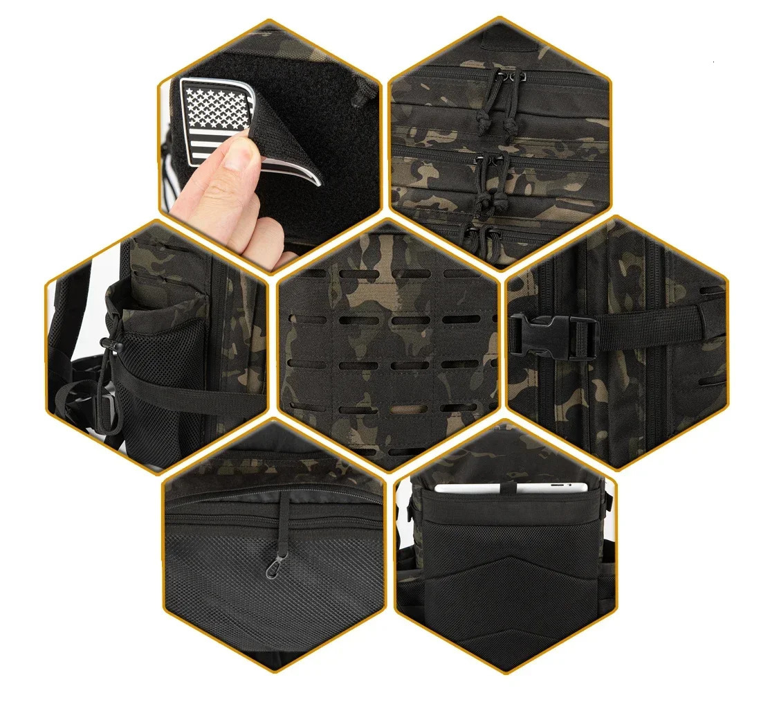 Ship from US 25L45L Tactical Backpack Outdoor for Womenmen Laser Cut Molle Hiking 3Day pack School Bag Gym Rucksack with Dual Cup Holder 250227FBB