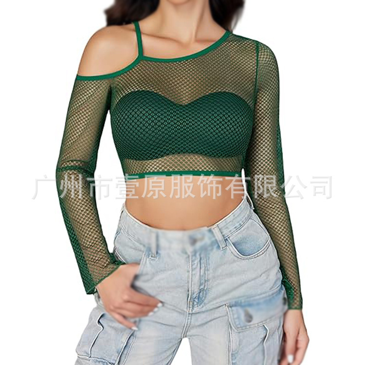 2025 summer new fishing net off shoulder long sleeved T-shirt with exposed navel sexy short top for women