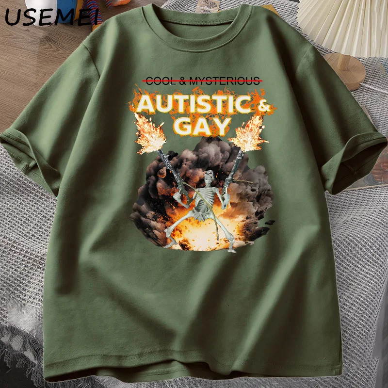 Autistic and Gay Skeleton Explosion T Shirt Unhinged Skeleton Autism Meme T-Shirt Cotton Short Sleeve Graphic Tees Streetwear 250226