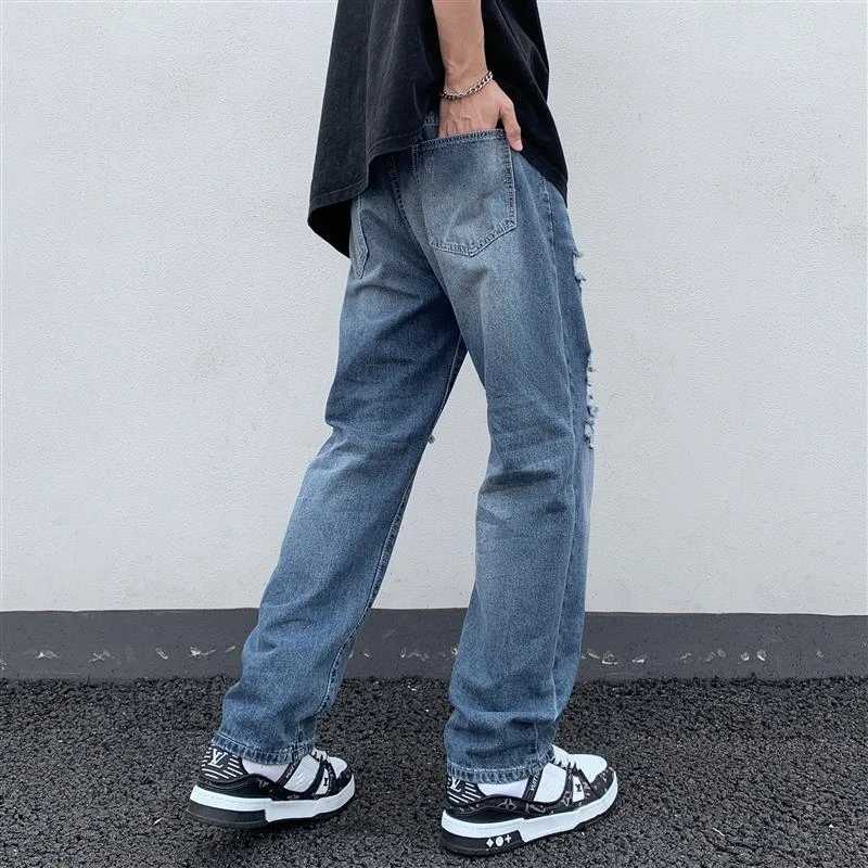 Mens open top denim jeans ripped straight casual street pants Hipster High Street Blue Pants X250227