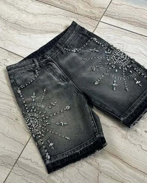 Streetwear Shorts Y2K Jeans Men Hip Hop Gothic Rhinestone Sequin Retro Black Baggy Denim Fitness Shorts High Waist Casual Shorts 250226