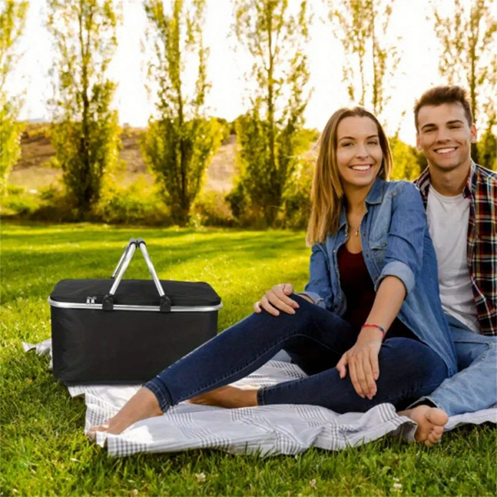 Ship from US Large capacity insulated basket picnic bag foldable shopping preservation lunch Black 250227FBB