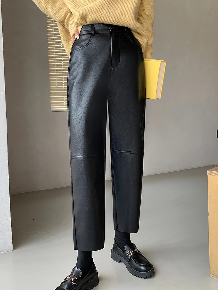 QOERLIN Fall Winter PU Leather Pants Women Elegant High Waist Pockets Faux Harem Pant Female Back Elastic Trousers 250227