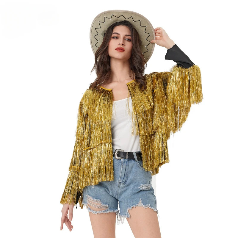 y womens silver gold silk tassel jacket multilayer pleated long sleeved spring summer Halloween cardigan woolen sweater dance top 250227