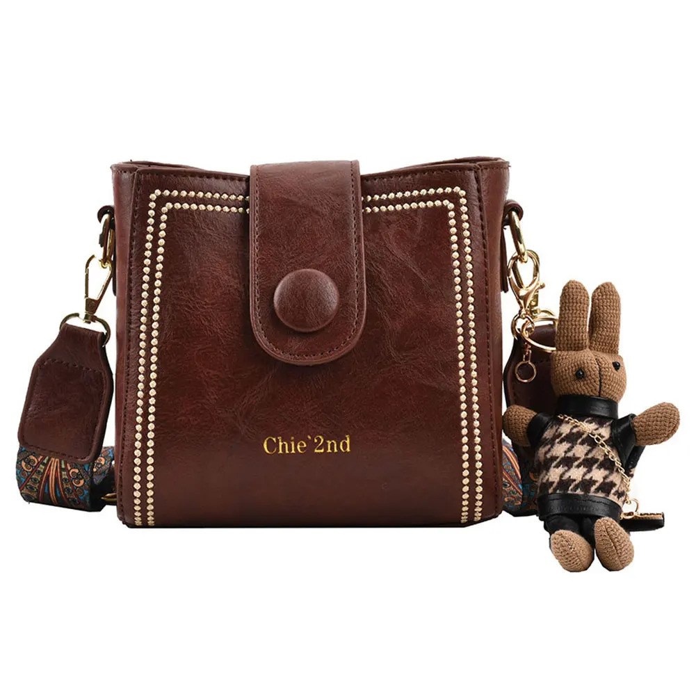 Ship from US Women Vintage Shoulder Bag with Pendant Fashion Water Bucket PU Leather AllMatch Messenger Ladies Work 250227FBB
