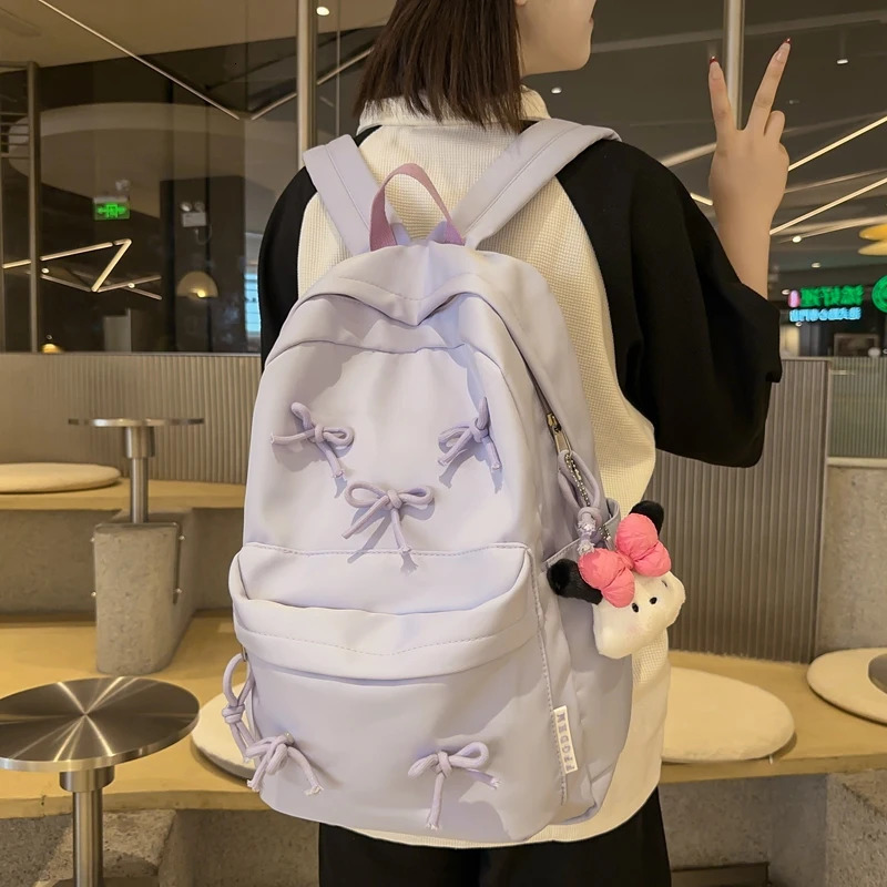 Ship from US Fashion Bow Backpack Laptop Rucksack Large Capacity Students Bookbags Solid Color Stylish Daypack Multipockets Travel 250227FBB