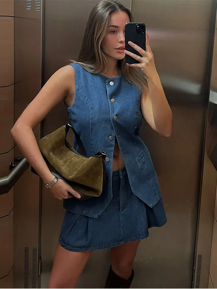 Fashion Denim Mini Pleated Skirt Sets For Women Chic Single Breasted Tank Tops Y2K Short Skirt 2 Pcs Sets 2025 Chic Lady Outfit 250226