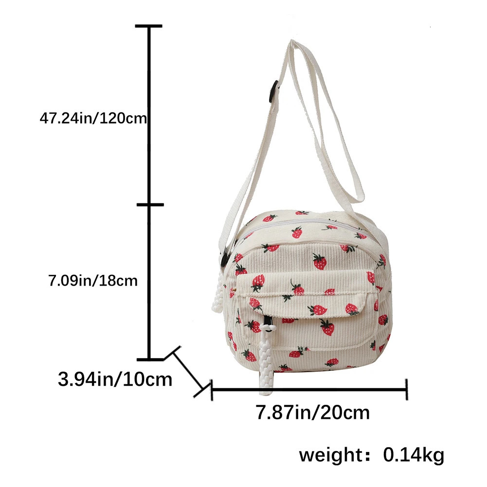 Ship from US Cute Strawberry Shoulder Bag Corduroy Trendy Crossbody Casual Zipper Messenger for Women Travel Work 250227FBB