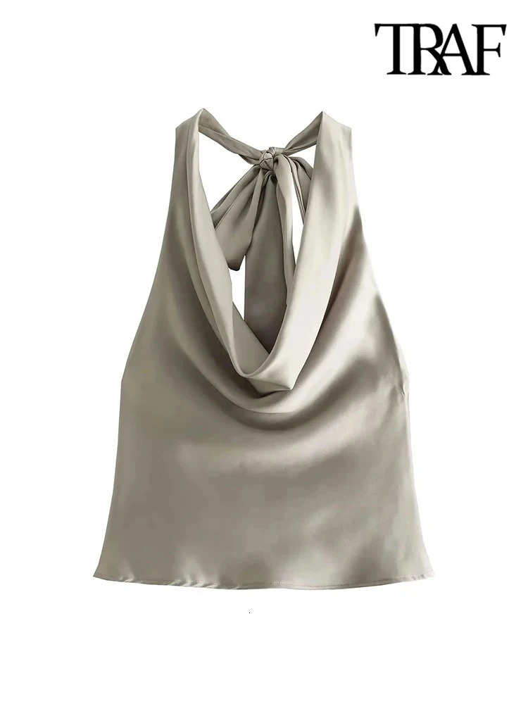 TRAF-Womens Flowing Draped Halter Neck Tank Tops With Bow Tied Backless Sleeveless Female Camis Sexy Fashion 250226