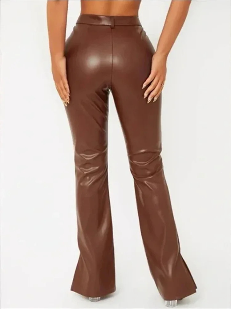 Vintage Matte Leather Trousers Women High Waist Brown Stretch PU Slim Pants Hem Side Split Ladies Bodycon Leggings Custom 250226