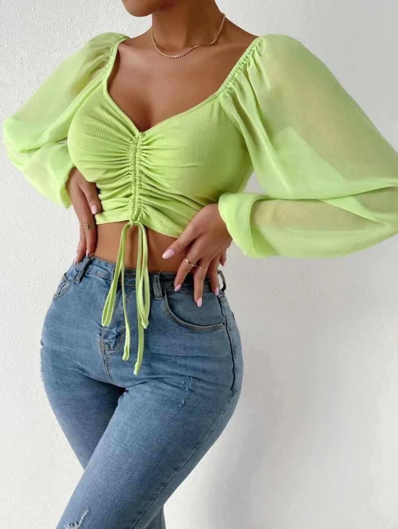 Ladies Blouses Summer Short Tshirt Woman Clothes Long Sleeve T Shirt Sexy Vneck Women Casual Drawstring Crop Tops Tee 250226