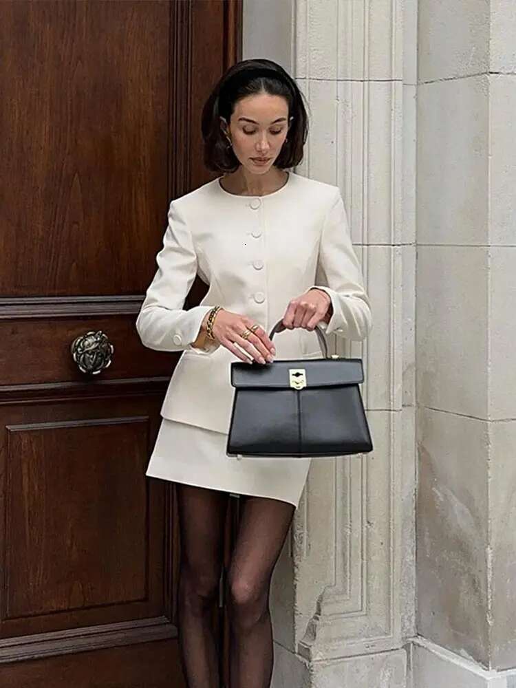 Elegant 2 Piece Sets Women Outfit Fashion O Neck Single-Breasted Pockets Coat Hip Package Mini Skirt 2025 Ladies Office Suit