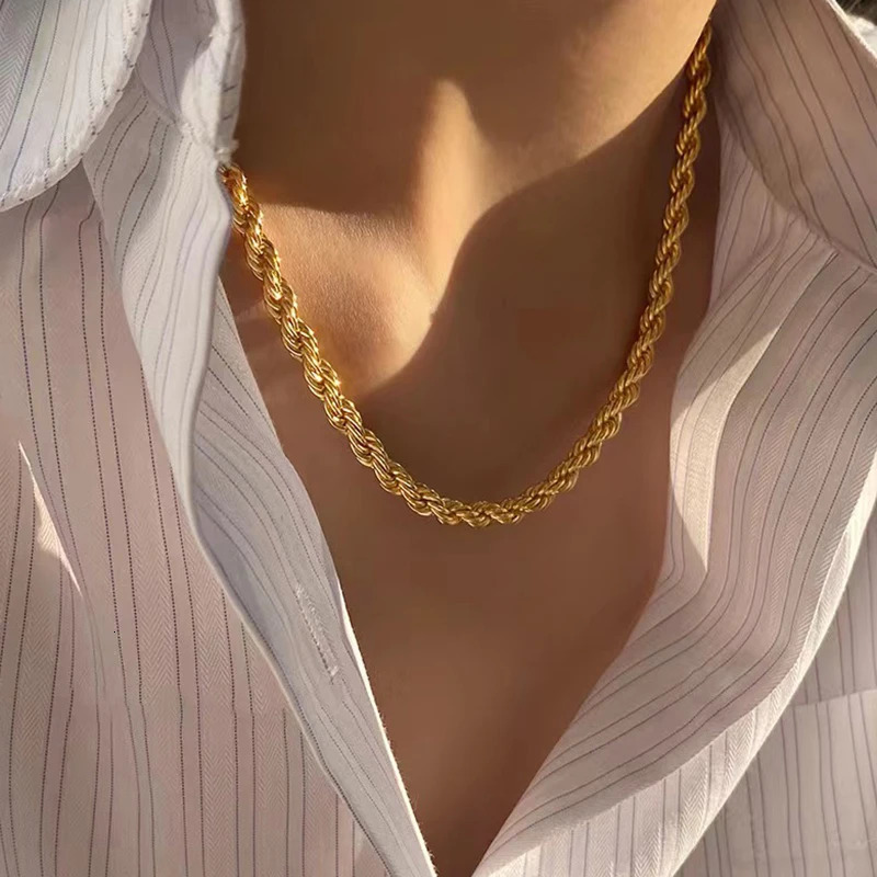 2mm-8mm Gold Color Twist Rope Chain Necklaces For Men Women Hiphop Stainless Steel Waterproof Chains Choker Necklace Jewelry 250227