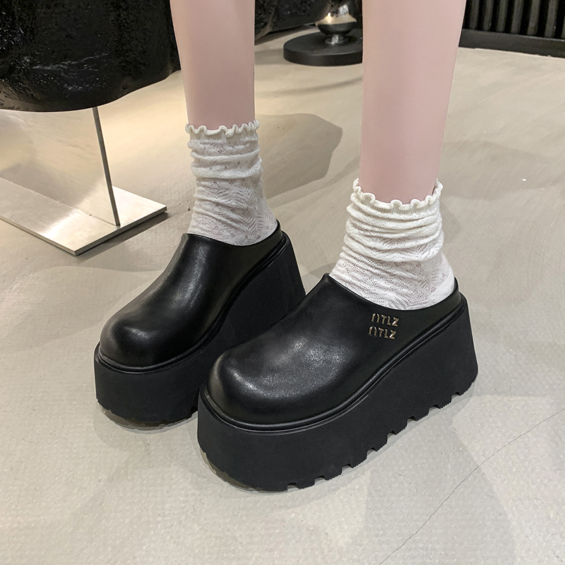 2025 Summer 8CM Half Tow Height Raising Women's Shoes Platform High Heels Leather Casual Women's Slippers Fashion Outdoor Sandals Casual Str