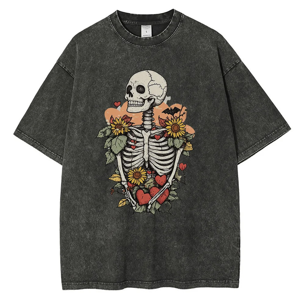 Heavyweight Cotton T Shirts Cute Skeleton Graphic Distressed Washed T Shirt Drop Shoulder Retro Gothic Oversized Tops 250226