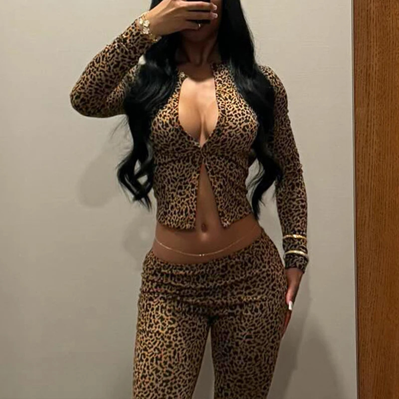 OMSJ 2025 Autumn Leopard Printing Long Sleeve Cardigan TopSkinny Legging Club Party Fashion Two Pieces Sets Trendy Tracksuits 250226