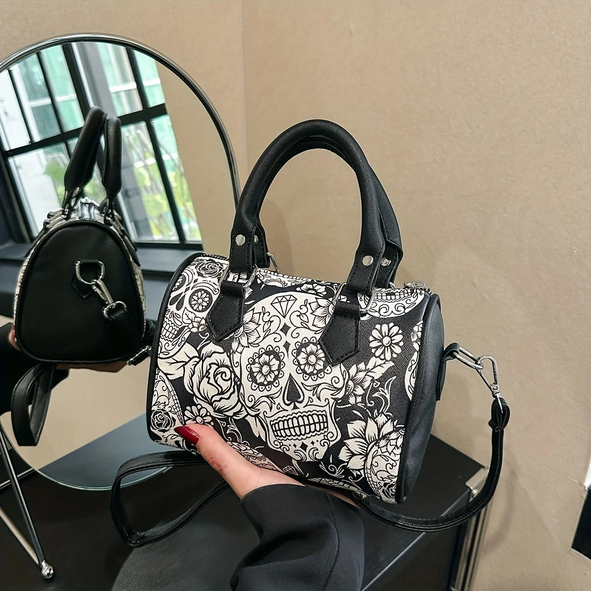 Ship from US Flower skull printed handbag Halloween party ghost Boston bag trend small ten font wallet 250227FBB