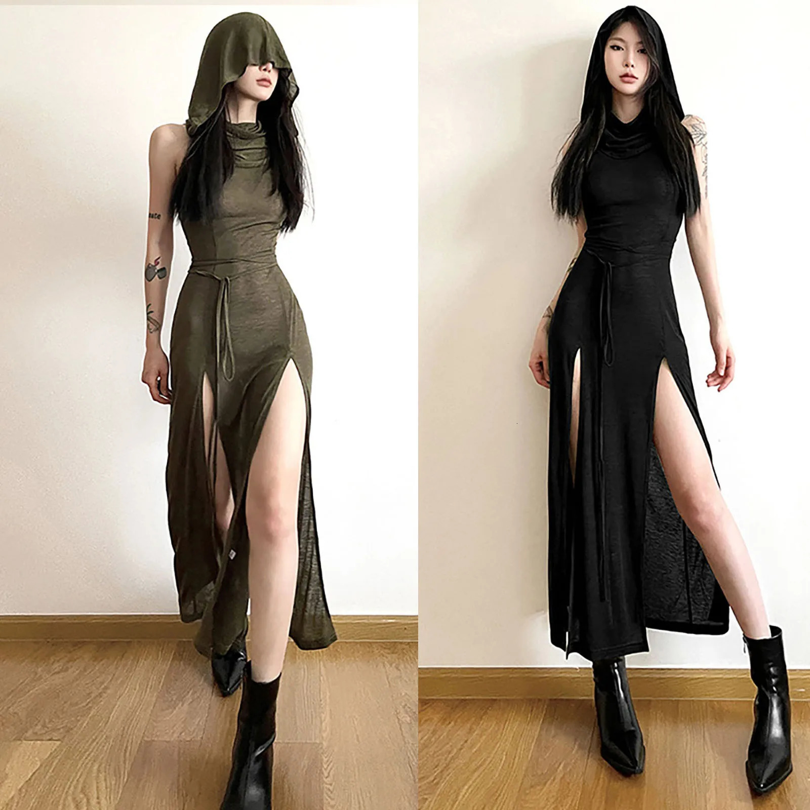 Fashion hooded sleeveless long skirt Korean womens lace upper sexy patchwork dress Gothic hip-hop Glenge long skirt 250226