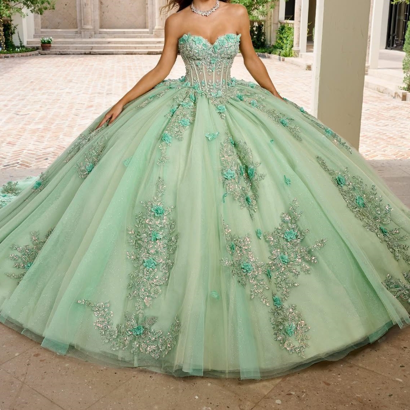 Green Shiny Quinceanera Dresses Ball Gown Off The Shoulder Applique Lace Beads Tull With Cape Party Birthday Sweet 16 Vestidos 15 Anos