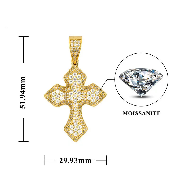 S925 Silver Iced Cross Pendant Women Men 16k Gold Finish D Color VVS Hiphop Pendant Necklace Pass Tester Party Gift 250227