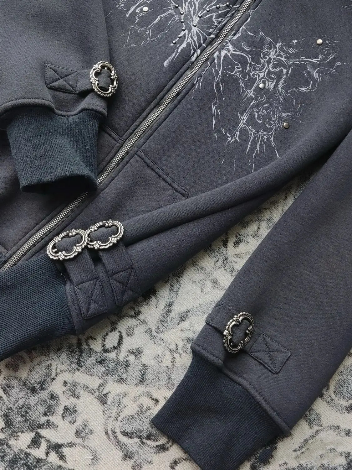Y2K diamond stud hooded fur collar womens sweater jacket Autumn niche Korean retro printed black velvet cardigan top 250226