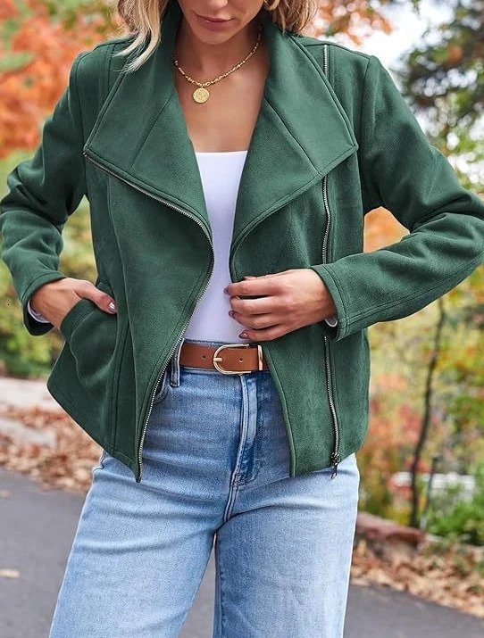 fashion casual jacket womens short with lapel and diagonal zipper 250227