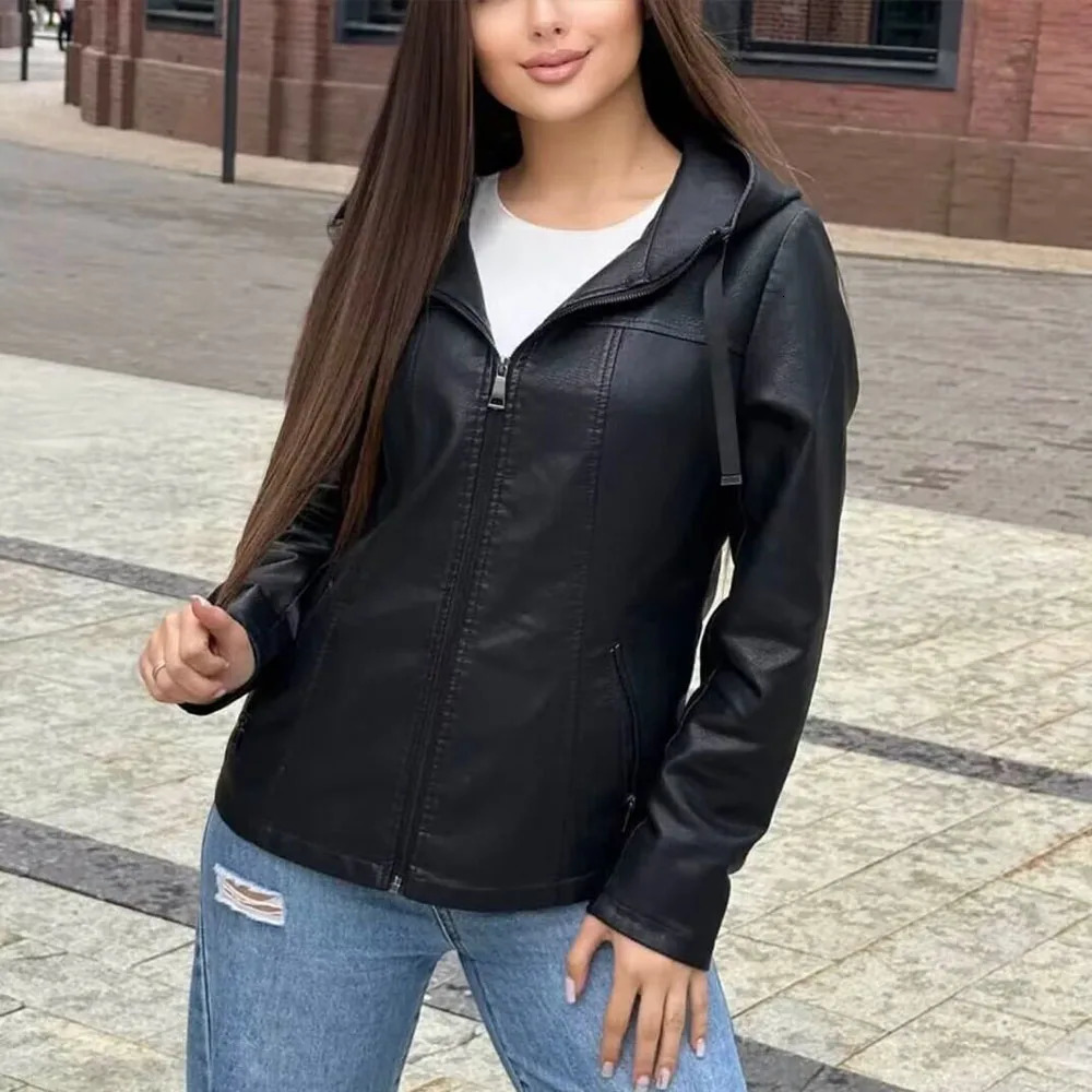Autumn womens fashion casual Joker temperament commuting slim zipper hooded leather jacket 250227