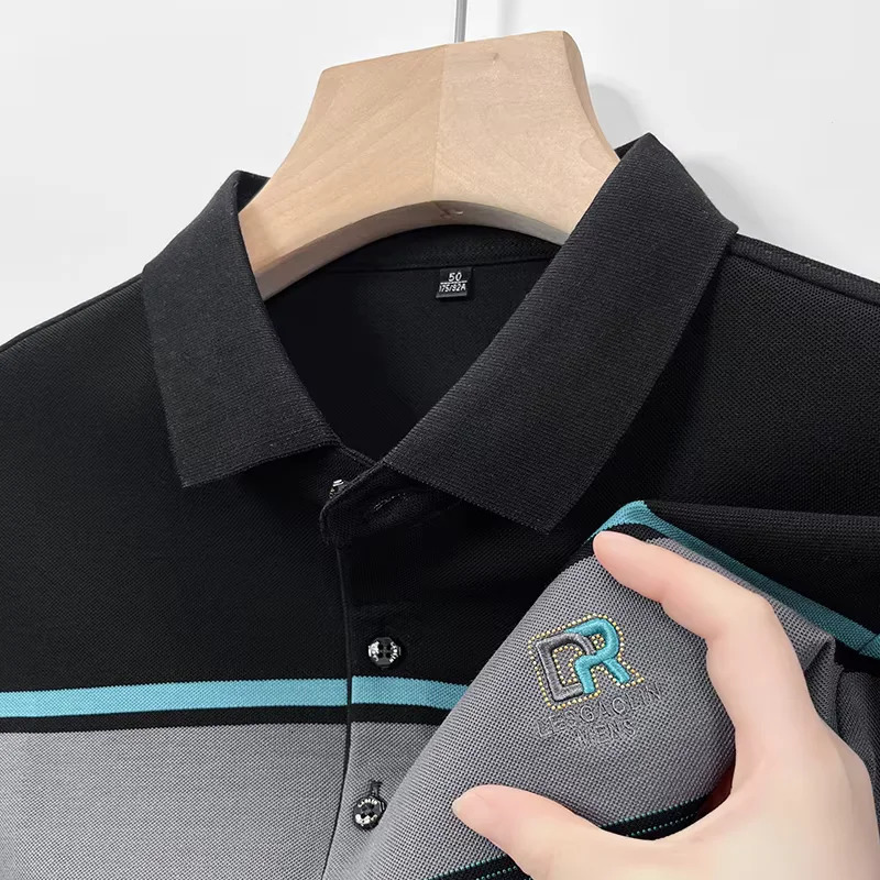 striped long sleeved fashionable embroidered mens polo shirt 2025 autumn silk cotton breathable casual T-shirt 250224