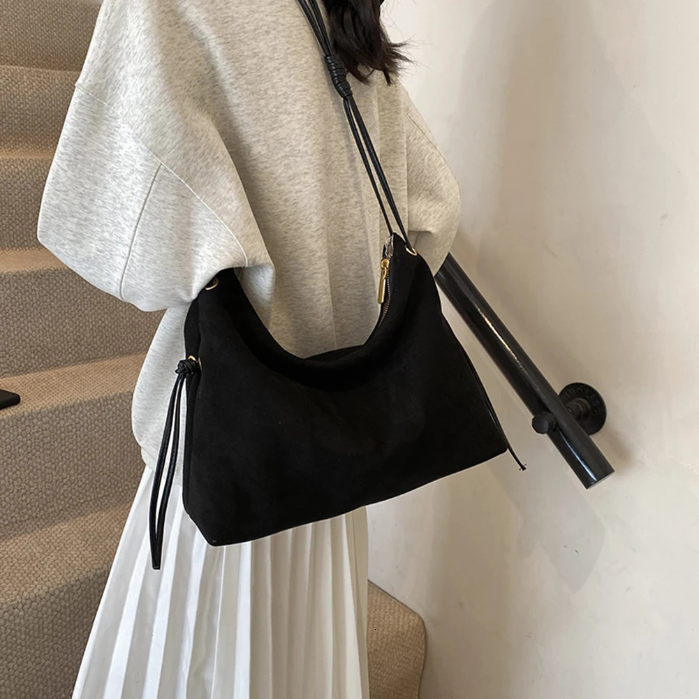 Ship from US Women Suede Shoulder Bag Adjustable Strap Messenger with Zipper Trendy Retro Handbag for Work Travel 250227FBB
